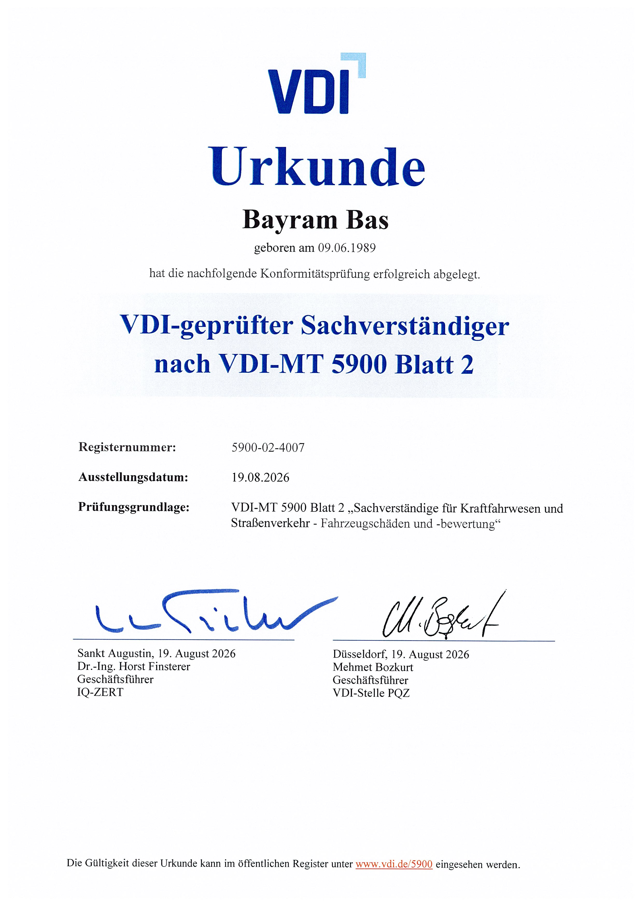 VDI Urkunde Bayram Bas